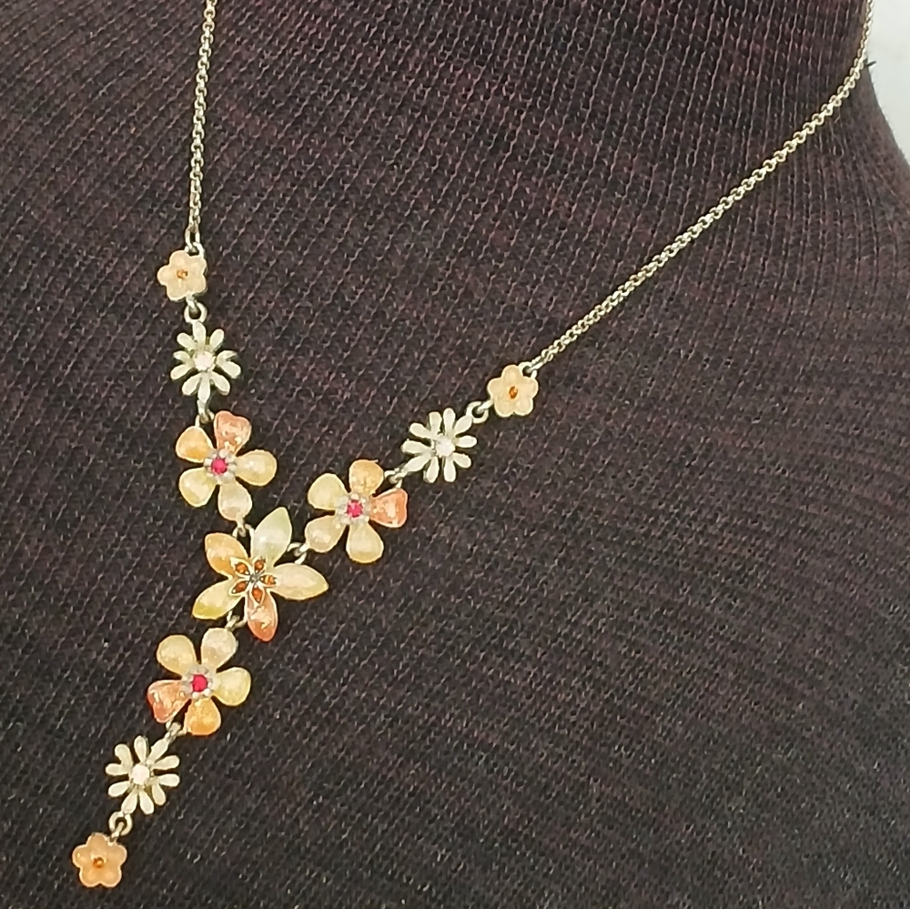 Silvertone Floral Y-Necklace with Yellow And Orange Glittery Flowers